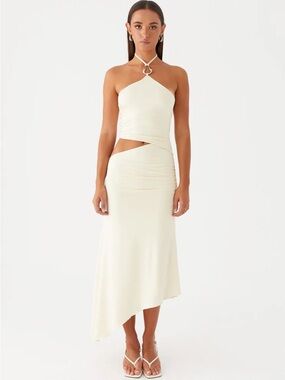 Peppermayo Cream Asymmetrical Halter Cutout Maxi Dress